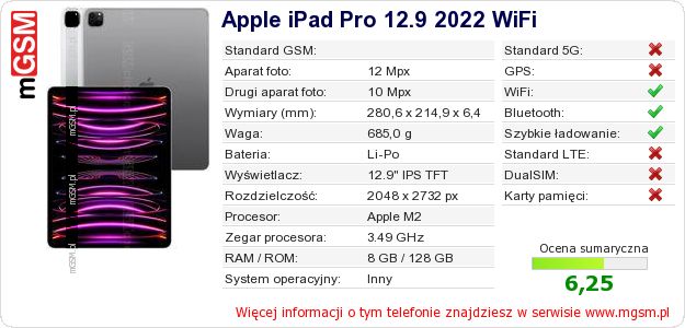 Dane telefonu Apple iPad Pro 12.9 2022 WiFi
