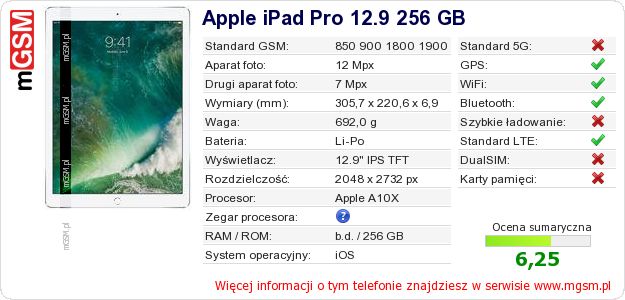 Dane telefonu Apple iPad Pro 12.9 256 GB