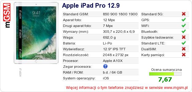 Dane telefonu Apple iPad Pro 12.9 Dane telefonu Apple iPad Pro 12.9