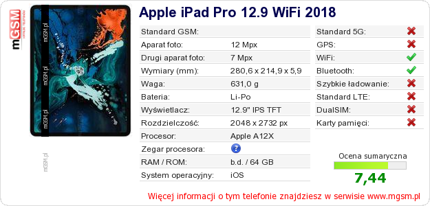 Dane telefonu Apple iPad Pro 12.9 WiFi 2018