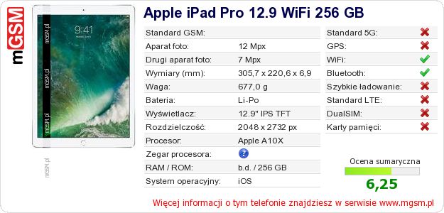 Dane telefonu Apple iPad Pro 12.9 WiFi 256 GB