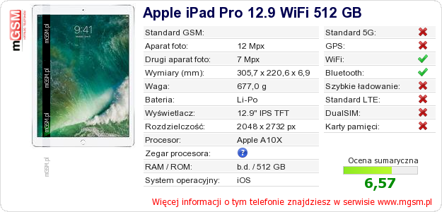 Dane telefonu Apple iPad Pro 12.9 WiFi 512 GB