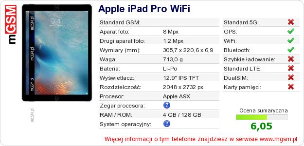 Dane telefonu Apple iPad Pro WiFi Dane telefonu Apple iPad Pro WiFi