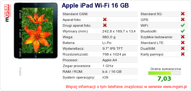 Dane telefonu Apple iPad Wi-Fi 16 GB