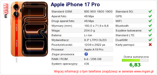 Dane telefonu Apple iPhone 17 Pro Dane telefonu Apple iPhone 17 Pro