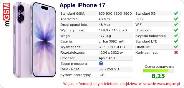 Dane telefonu Apple iPhone 17
