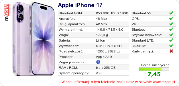 Dane telefonu Apple iPhone 17