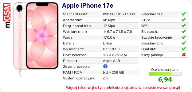 Dane telefonu Apple iPhone 17e
