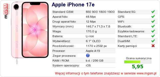 Dane telefonu Apple iPhone 17e