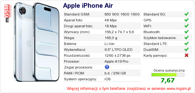 Dane telefonu Apple iPhone Air