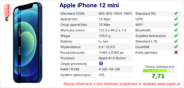 Dane telefonu Apple iPhone 12 mini