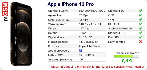 Dane telefonu Apple iPhone 12 Pro