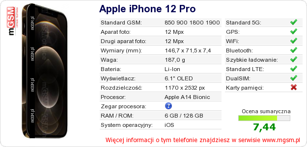 Dane telefonu Apple iPhone 12 Pro
