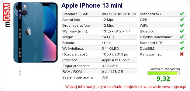 Dane telefonu Apple iPhone 13 mini