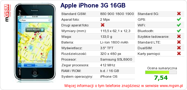 Dane telefonu Apple iPhone 3G 16GB Dane telefonu Apple iPhone 3G 16GB