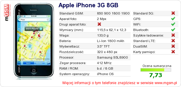 Dane telefonu Apple iPhone 3G 8GB
