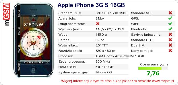 Dane telefonu Apple iPhone 3G S 16GB