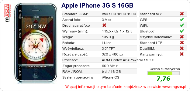 Dane telefonu Apple iPhone 3G S 16GB