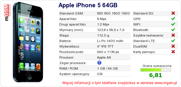 Dane telefonu Apple iPhone 5 64GB