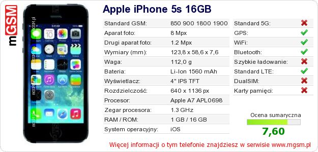 Dane telefonu Apple iPhone 5s 16GB Dane telefonu Apple iPhone 5s 16GB
