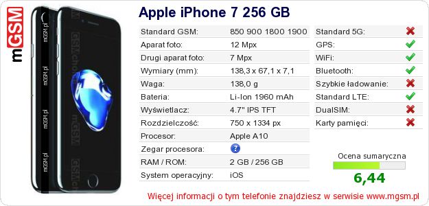 Dane telefonu Apple iPhone 7 256 GB Dane telefonu Apple iPhone 7 256 GB