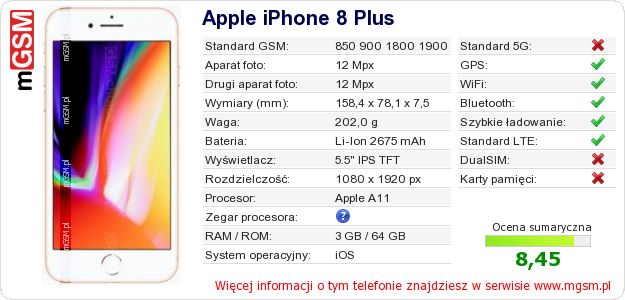 Dane telefonu Apple iPhone 8 Plus Dane telefonu Apple iPhone 8 Plus