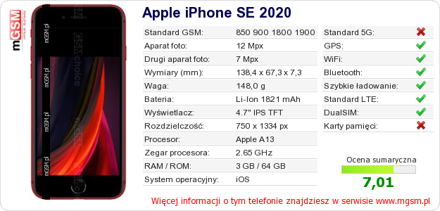 Dane telefonu Apple iPhone SE 2020
