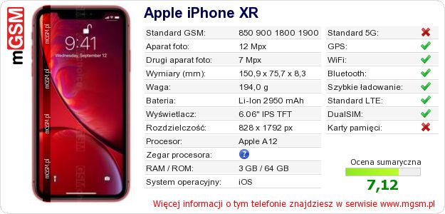 Dane telefonu Apple iPhone XR Dane telefonu Apple iPhone XR