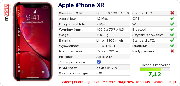 Dane telefonu Apple iPhone XR