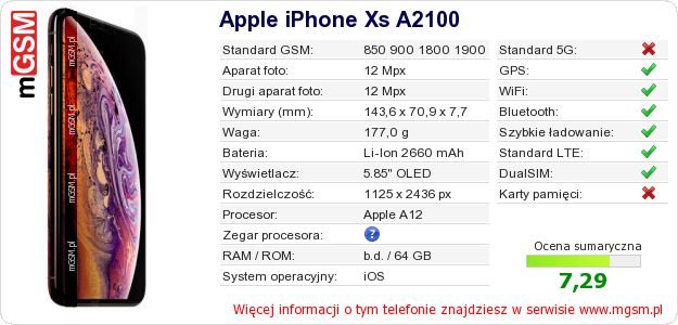 Dane telefonu Apple iPhone Xs A2100 Dane telefonu Apple iPhone Xs A2100