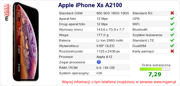 Dane telefonu Apple iPhone Xs A2100