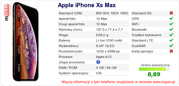 Dane telefonu Apple iPhone Xs Max