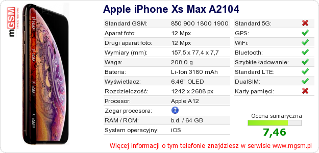 Dane telefonu Apple iPhone Xs Max A2104