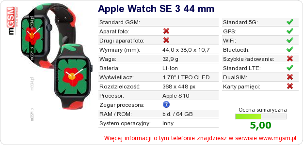 Dane telefonu Apple Watch SE 3 44 mm