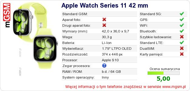 Dane telefonu Apple Watch Series 11 42 mm