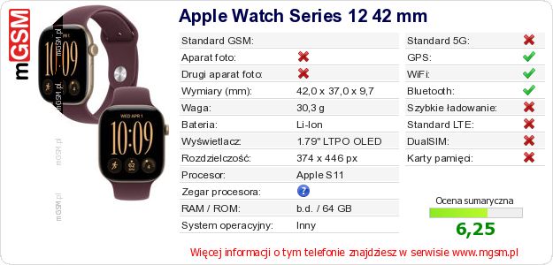 Dane telefonu Apple Watch Series 12 42 mm