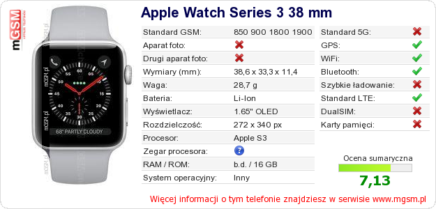 Dane telefonu Apple Watch Series 3 38 mm