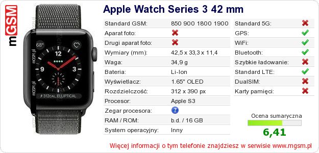 Dane telefonu Apple Watch Series 3 42 mm Dane telefonu Apple Watch Series 3 42 mm