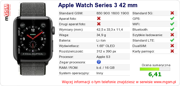 Dane telefonu Apple Watch Series 3 42 mm
