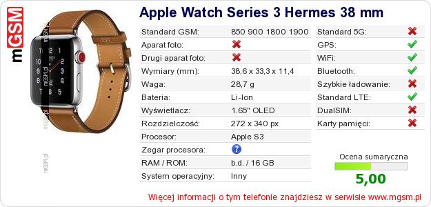 Dane telefonu Apple Watch Series 3 Hermes 38 mm