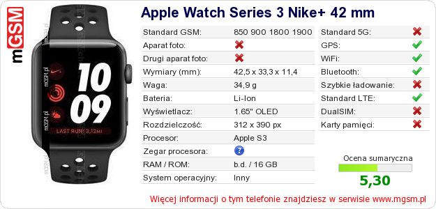 Dane telefonu Apple Watch Series 3 Nike+ 42 mm