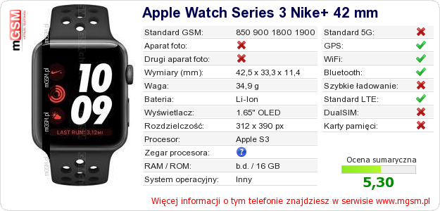 Dane telefonu Apple Watch Series 3 Nike+ 42 mm
