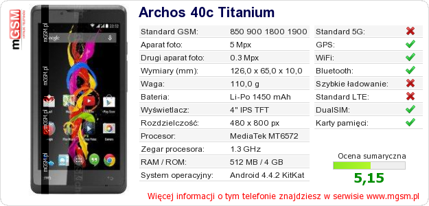 Dane telefonu Archos 40c Titanium