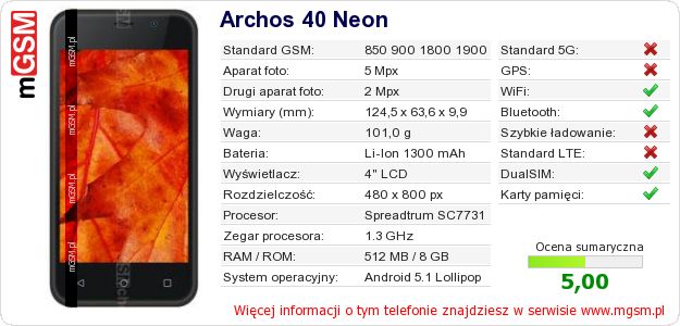 Dane telefonu Archos 40 Neon