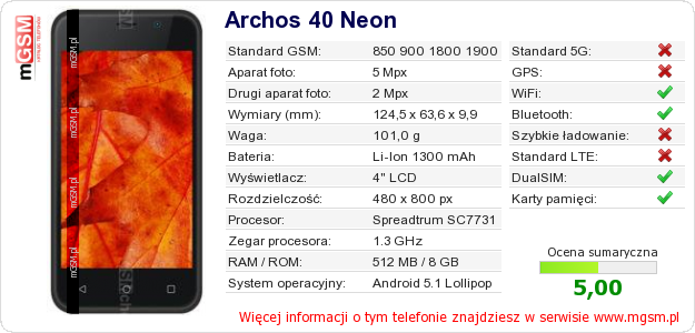 Dane telefonu Archos 40 Neon