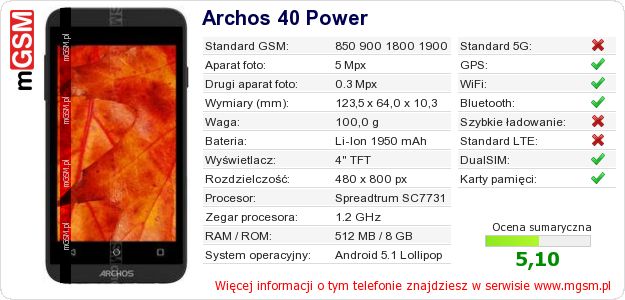 Dane telefonu Archos 40 Power Dane telefonu Archos 40 Power