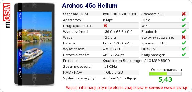 Dane telefonu Archos 45c Helium
