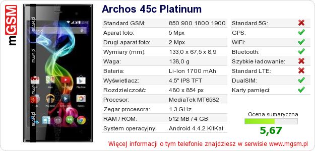Dane telefonu Archos 45c Platinum Dane telefonu Archos 45c Platinum