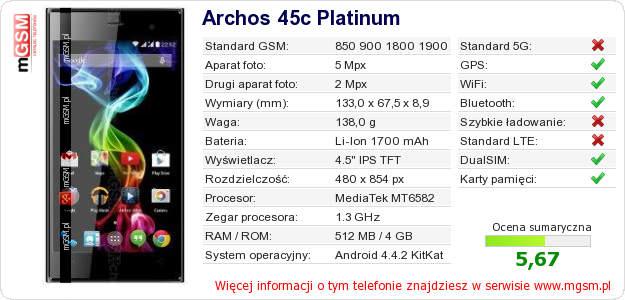 Dane telefonu Archos 45c Platinum