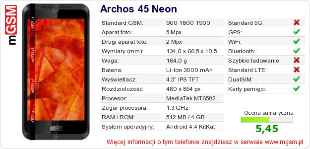 Dane telefonu Archos 45 Neon Dane telefonu Archos 45 Neon